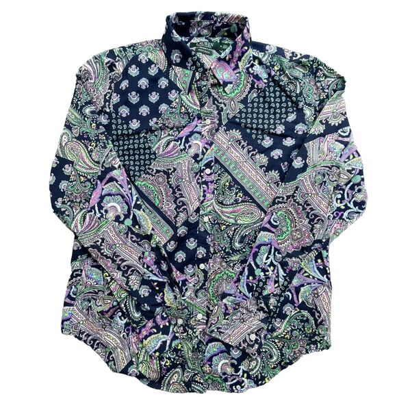 Lauren Ralph Lauren Shirt Womens Medium Blue Pink Green Paisley Psychedelic - Picture 1 of 6